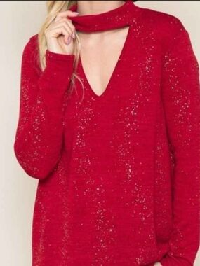 Acting Pro Red Glitter Cutout V-Neck Sweater